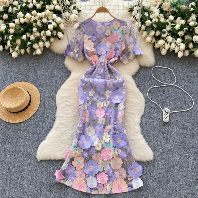 Elegant Flower Embroidery Round Neck Slim Waist Fishtail Dress Violet - Shop at LoveMi