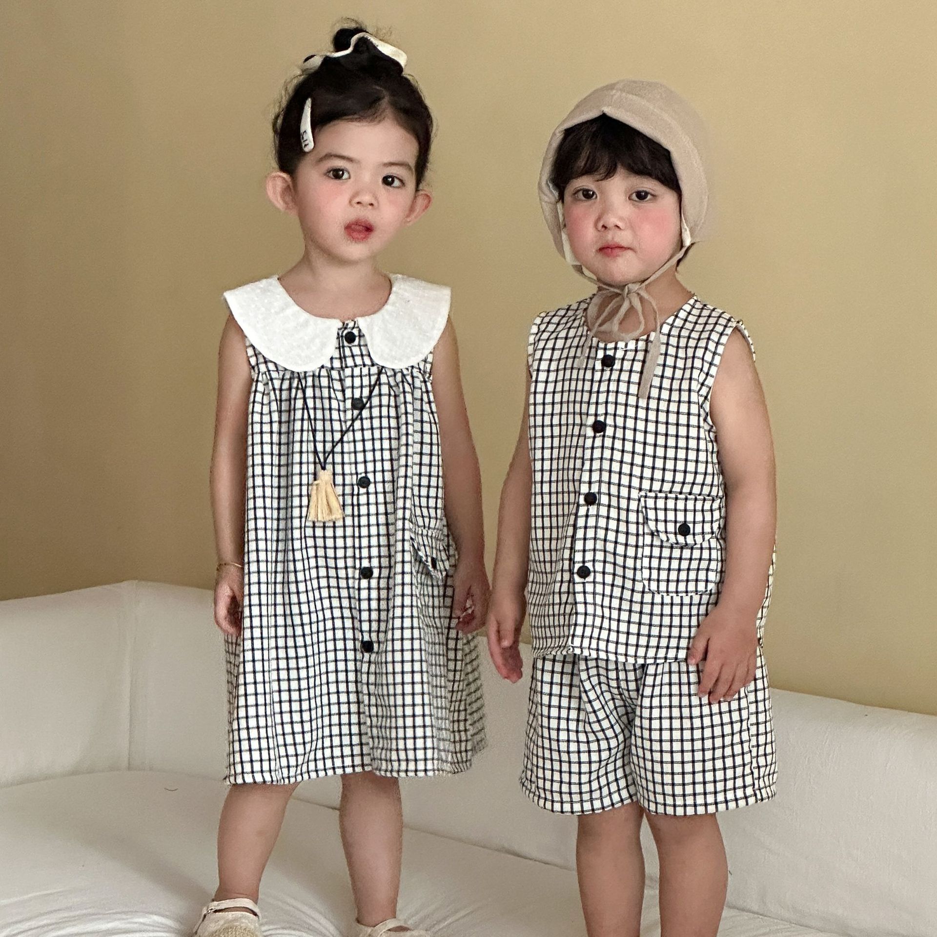 Baby Girls' Vest Dresssister And Brother Matching Outfit XZ260912 Black And White Plaid 80cm