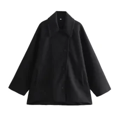 Loose Short Multi-color Blended Woolen Coat Outerwear - Black - View 1