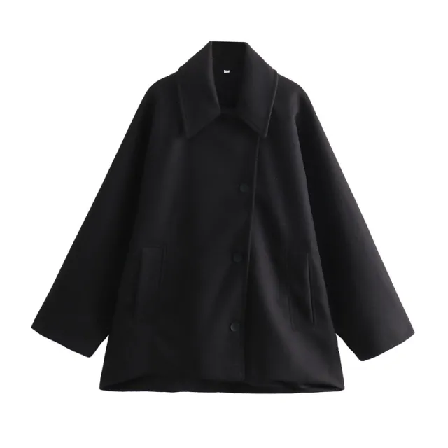 Loose Short Multi color Blended Woolen Coat Outerwear Black - Shop at LoveMi
