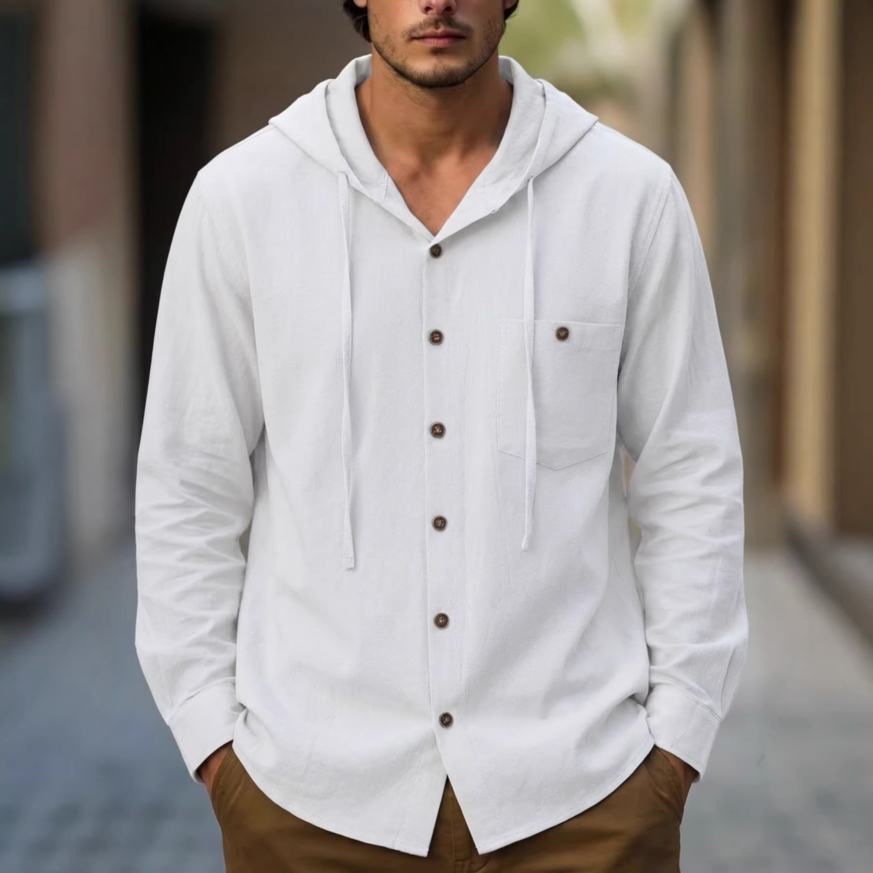 Men's Cotton-Linen Hooded-Pocket Casual Beach Long-Sleeve Shirt