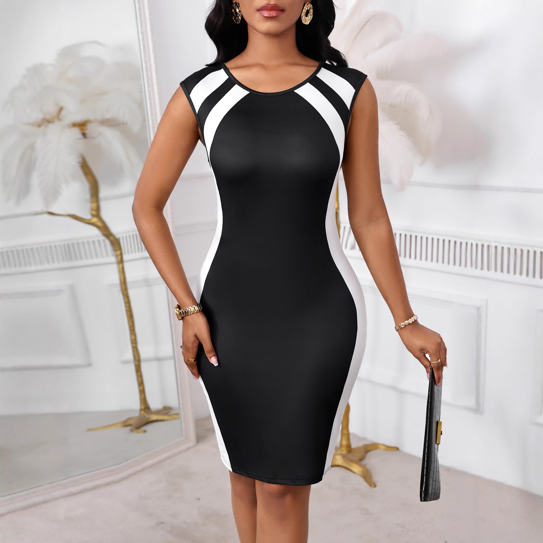 Round-neck Printed Sleeveless Color-block Sexy Slim-fit Bodycon Dress — foto 6