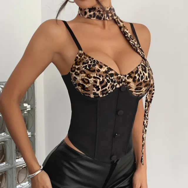 Womens Leopard Print Patchwork Color Block Vest Black - Shop at LoveMi