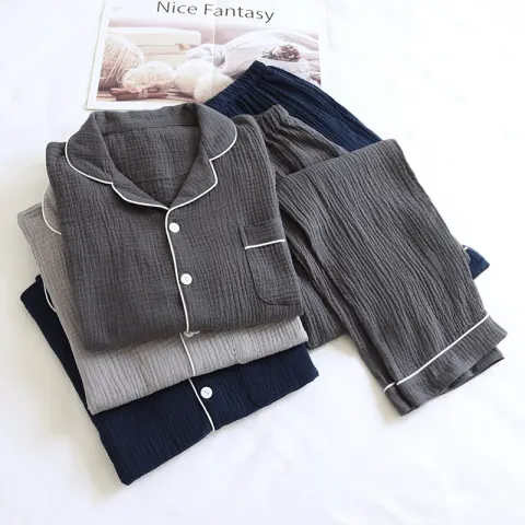 Men's Pajamas Suit Loose Spring and Autumn Double-layer Gauze