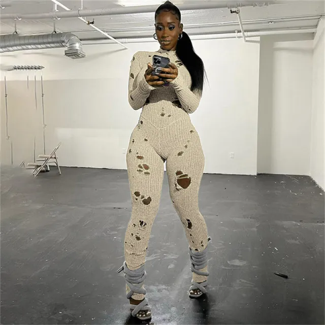 Autumn Women's Fashion Casual Knitted Ripped Hollow out Tight Jumpsuit Apricot - Shop at LoveMi