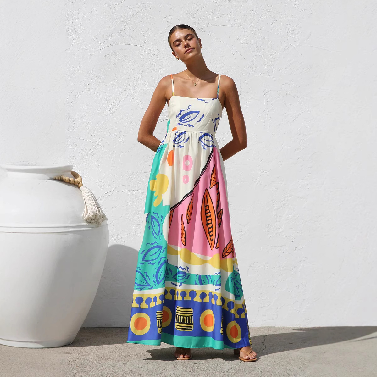 New Bohemian Vacation Style Printing Beach Dress With Suspenders Sky Blue - Shop at LoveMi