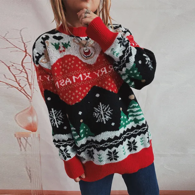 Female Fashion Elk Snowflake Round Neck Long Sleeve Sweater Red - Shop at LoveMi