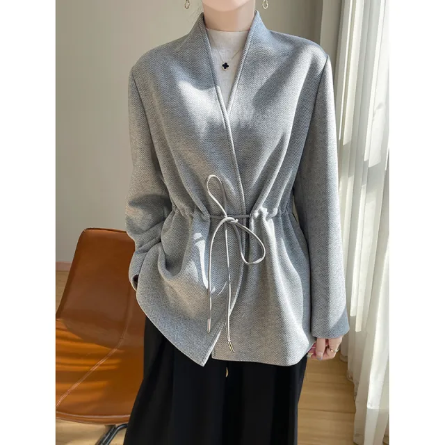 Acetate Cashmere V neck Knitted Small Suit Solid Color Light Gray - Shop at LoveMi