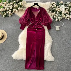 Vintage Velvet Dress High-end Affordable Luxury Niche Lantern Sleeve Slim Mid-length Split Knee-length Court Style Dress - Rose Red - View 1