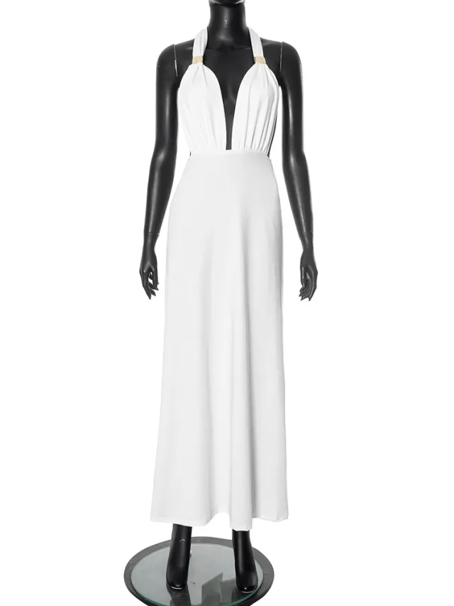 Low cut Pleated Adjustable Height Metal Ring Buckle Dress White - Shop at LoveMi