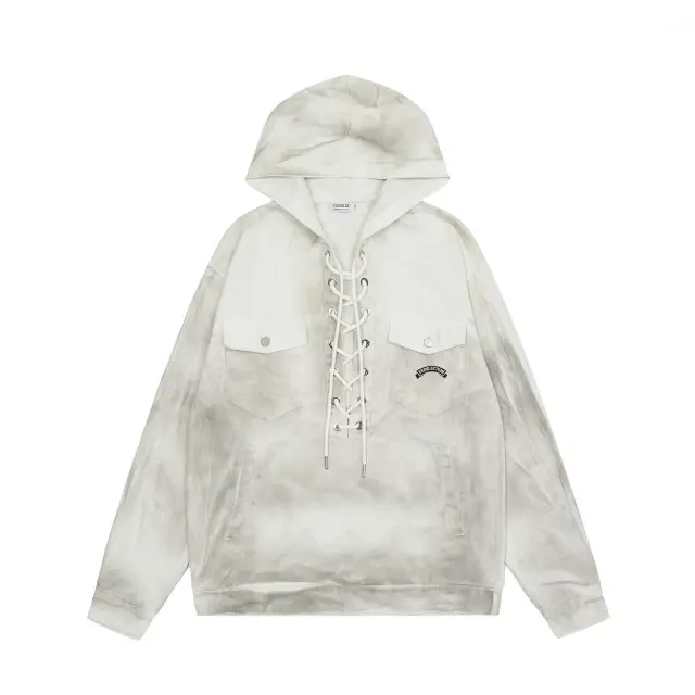 American Design Lace up Washed Old Hoodie Coat Gray - Shop at LoveMi