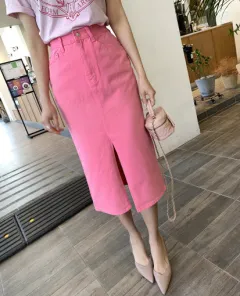 Niche Retro High Waist Slimming Design Slit Slim-fitting Sheath Denim Skirt - Pink - View 1