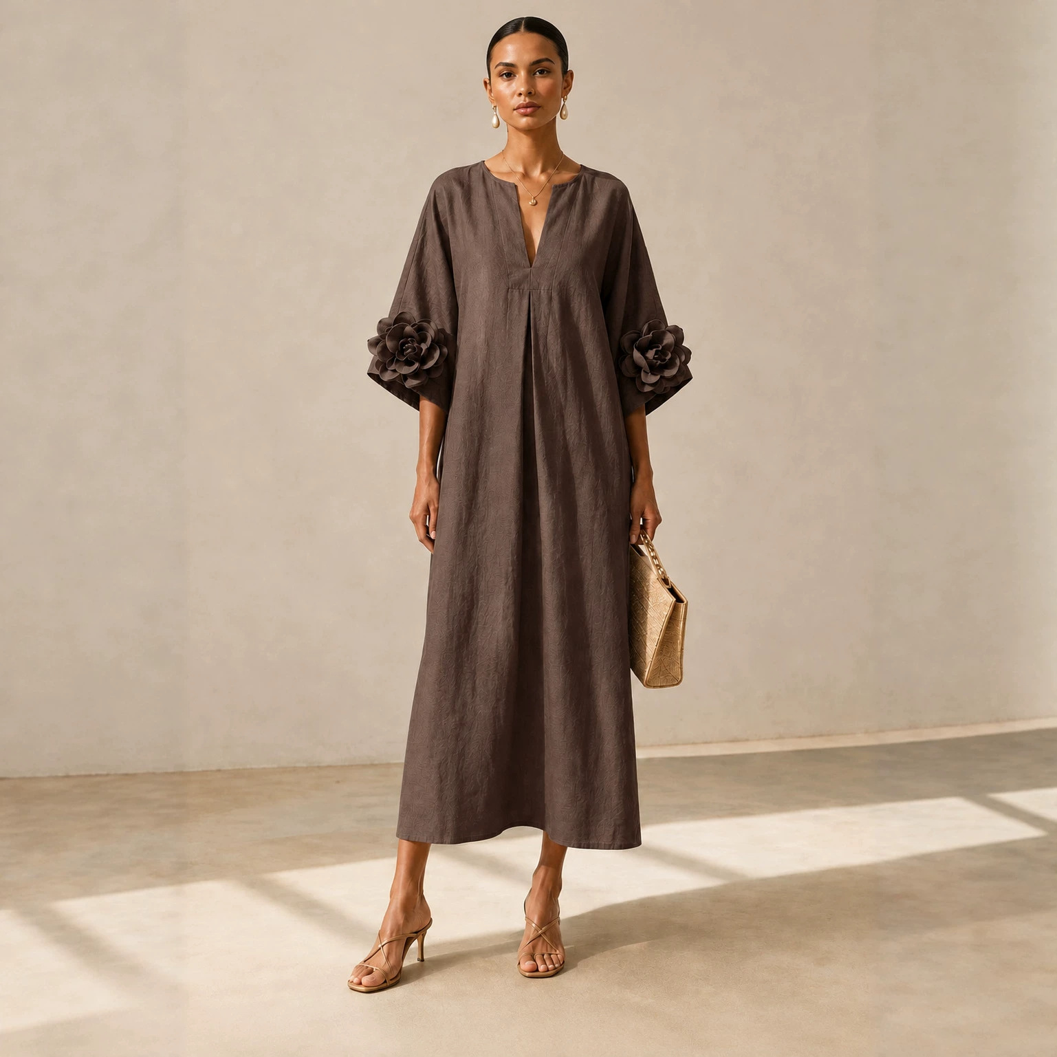 Womens Solid Color V-Neck Mid-Length Dress With Floral Sleeves