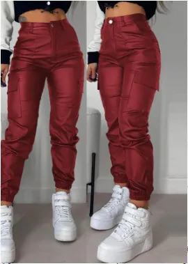 Zipper Pleated PU Casual Patch Pocket Skinny Pencil Trousers Wine Red - Shop at LoveMi