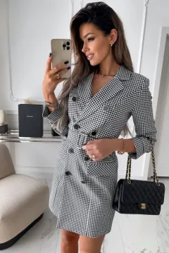 Fashion Printing Plaid Blazer Dress Women - White - View 1