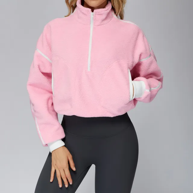 Fall Winter Coat Stand Collar Windproof And Warm Polar Fleece Jacket Cherry Blossom Powder - Shop at LoveMi