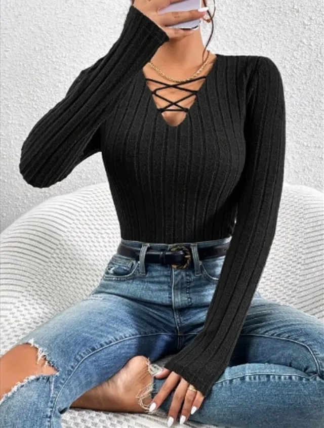 V neck Long sleeved Knitted T shirt Top Black - Shop at LoveMi