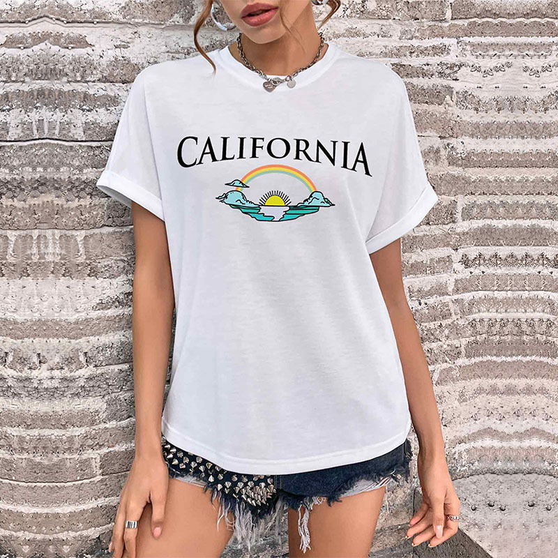 Summer European And American Women's Clothing Round-neck Printed Top With Short Sleeves