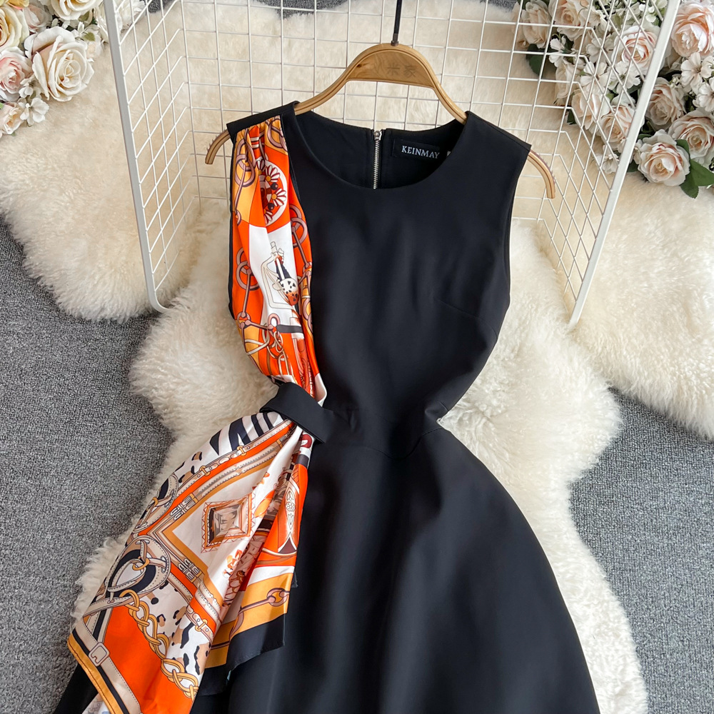 Lightly Mature Retro Elegance Sleeveless Round Neck Waist Trimming Slimming Sleeveless A- Line Dress