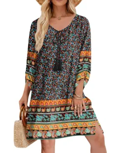 Women's Casual Bohemian V-Neck Tie-Dye Print Dress - Style4 - View 1