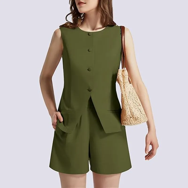 2-piece Sleeveless Round Neck Button High-waisted Trousers Business Work Suits - Army Green