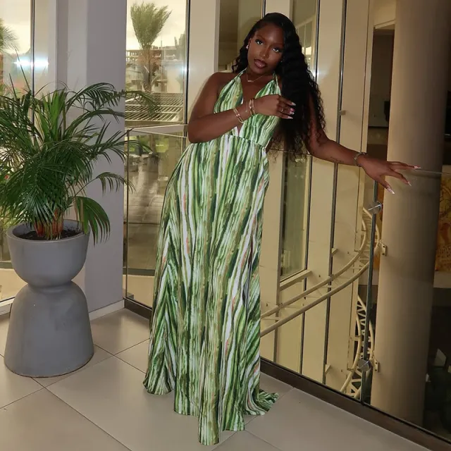 Women's Backless V neck Halter Maxi Dress Green - Shop at LoveMi