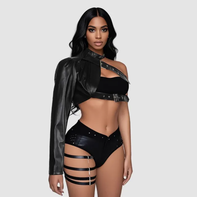 Black Punk One shoulder PU Leather Jacket Rock Irregular V31 Black - Shop at LoveMi