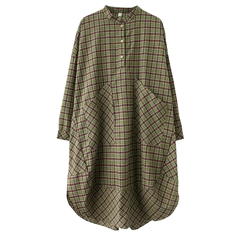 Women's Cotton And Linen Retro Plaid Loose Dress