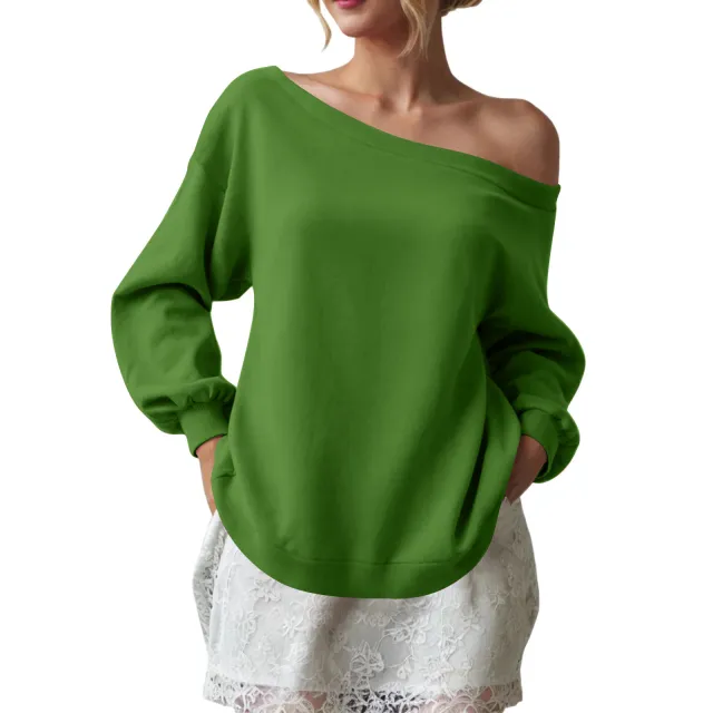 Women's Sweater Casual Solid Color Diagonal Collar Moss Green - Shop at LoveMi
