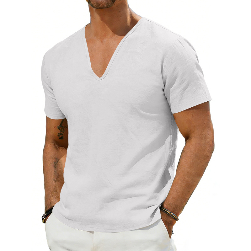 Linen Short-Sleeve T-Shirt Casual Deep V-Neck Solid Color Loose Top Base Layer Shirt Men