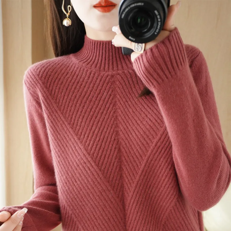 New Autumn And Winter Sweaters Women's Half Turtleneck - Raspberry Color