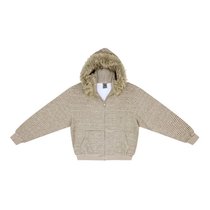 Vintage Fur Collar Couple Hooded Zipper Cardigan Sweater - Apricot