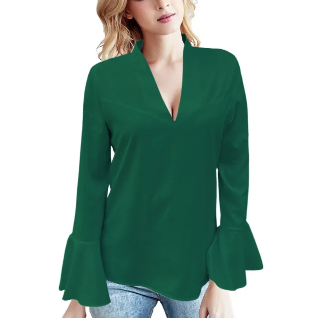 European And American Low Cut Rhinestone High Collar Solid Color Lotus Leaf Long Sleeve Shirt Green - Shop at LoveMi