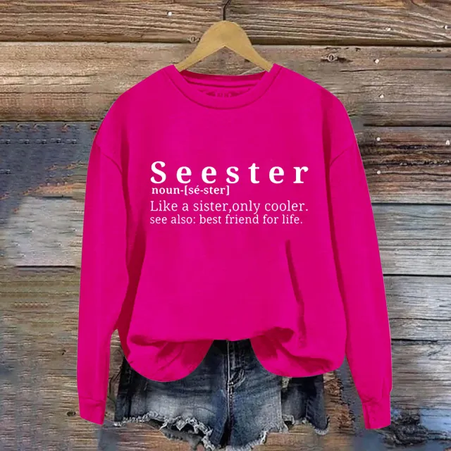 Letter Simplicity Printed Round Neck Women's Sweater Rose Red - Shop at LoveMi