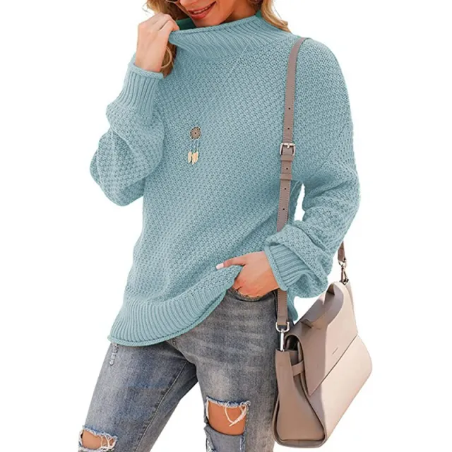 Half Turtleneck Plus Size Batwing Long Sleeve Pullover Loose Sweater Blue - Shop at LoveMi
