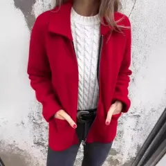 Lapel Zipper Jacket With Pockets Fashion Solid Colour Coat Fall Winter Women's Clothing - Red - View 1