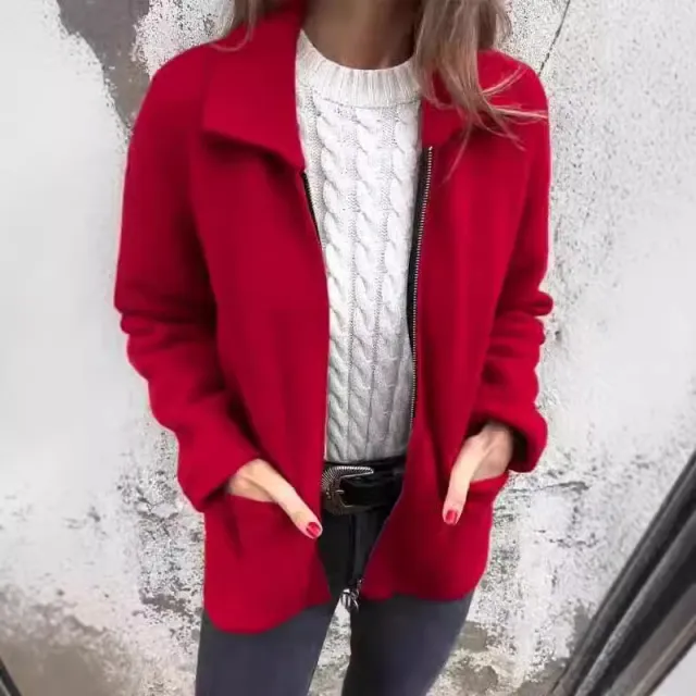 Lapel Zipper Jacket With Pockets Fashion Solid Color Coat Fall Winter Women's Clothing Red - Shop at LoveMi