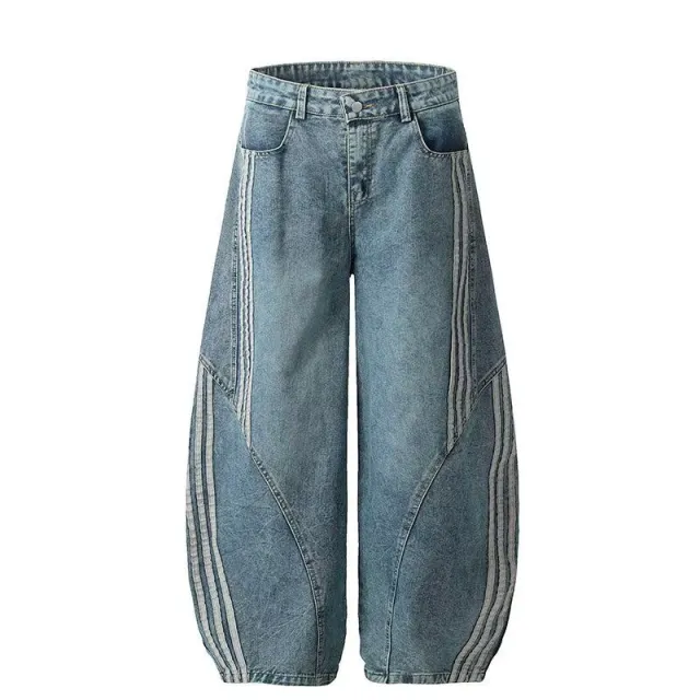 American style Retro Streetwear Hip hop Striped Denim Wide leg Pants Blue - Shop at LoveMi