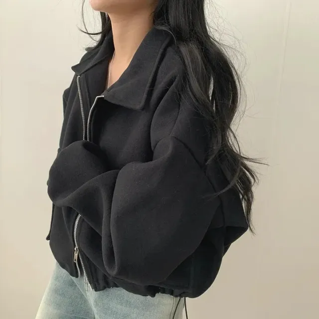 Loose Double Pocket Zipper And Lapel Drawstring Short Coat Black - Shop at LoveMi