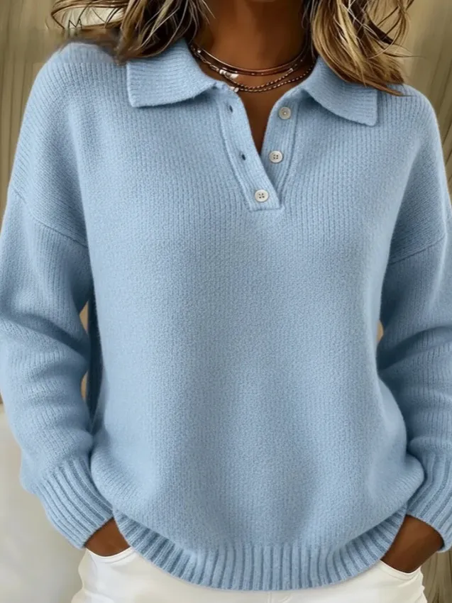 Loose And Soft Women's Lapel Long Sleeve Button Sweater - Blue
