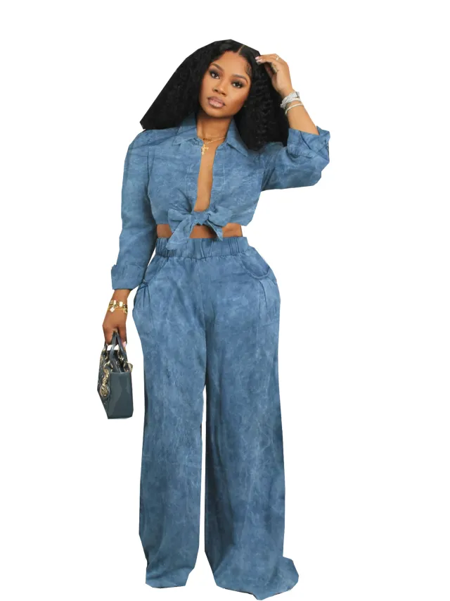 Women's Long sleeved Casual Shirt Wide leg Pants Blue - Shop at LoveMi