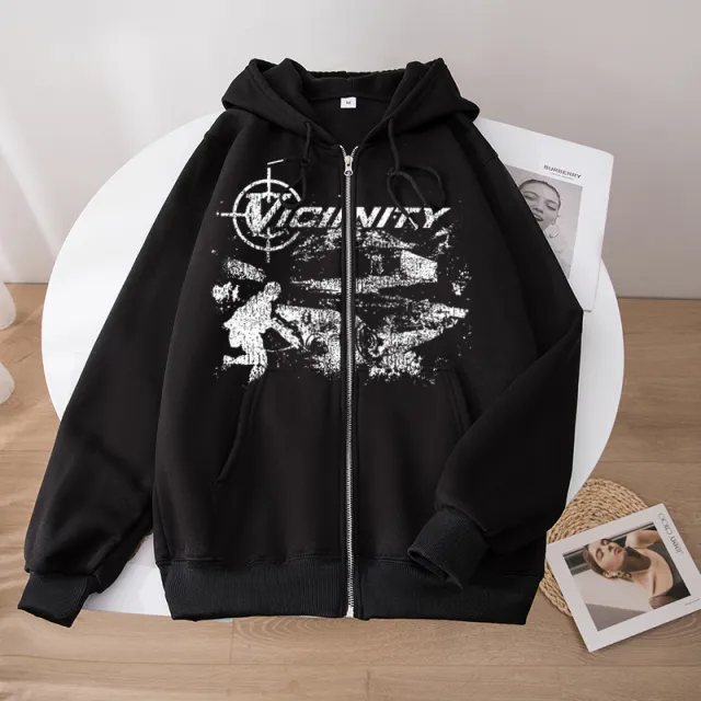 European And American Fashion Geo neighbor Printed Zipper Sweater Black - Shop at LoveMi