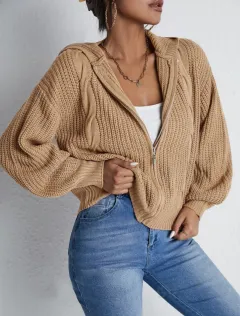Autumn And Winter Hooded Cardigan Knitted Waffle Sweater Top - Khaki - View 1