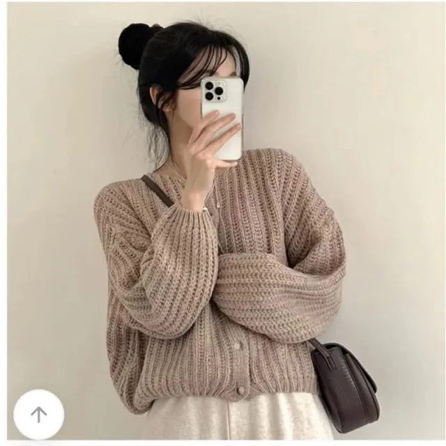 Lazy Solid Color Top Women's Sweater Coat Loose Round Neck Single Breasted Khaki - Shop at LoveMi