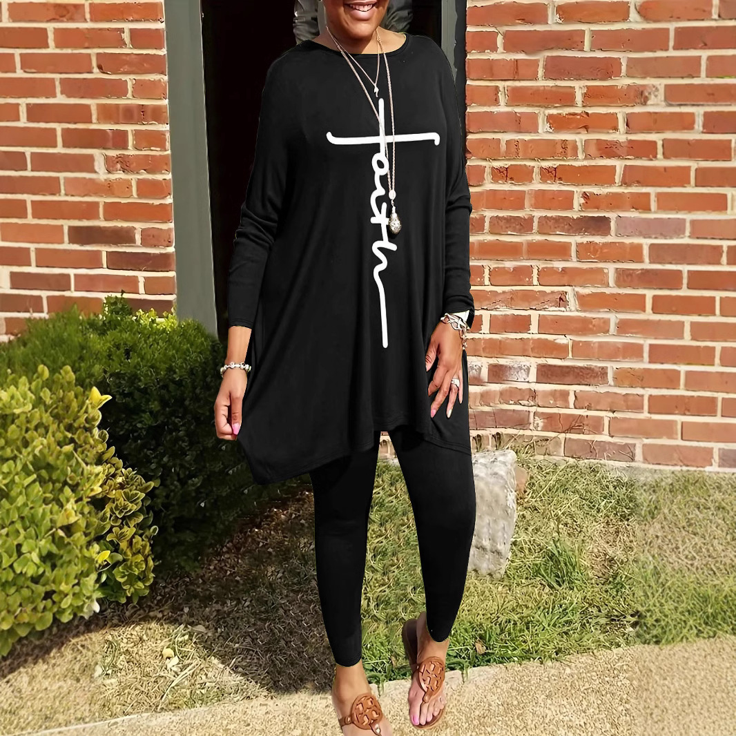 Round Neck Loose Long Sleeves Solid Color Printed Plus Size Women's Clothing Two-piece Set - Image 3