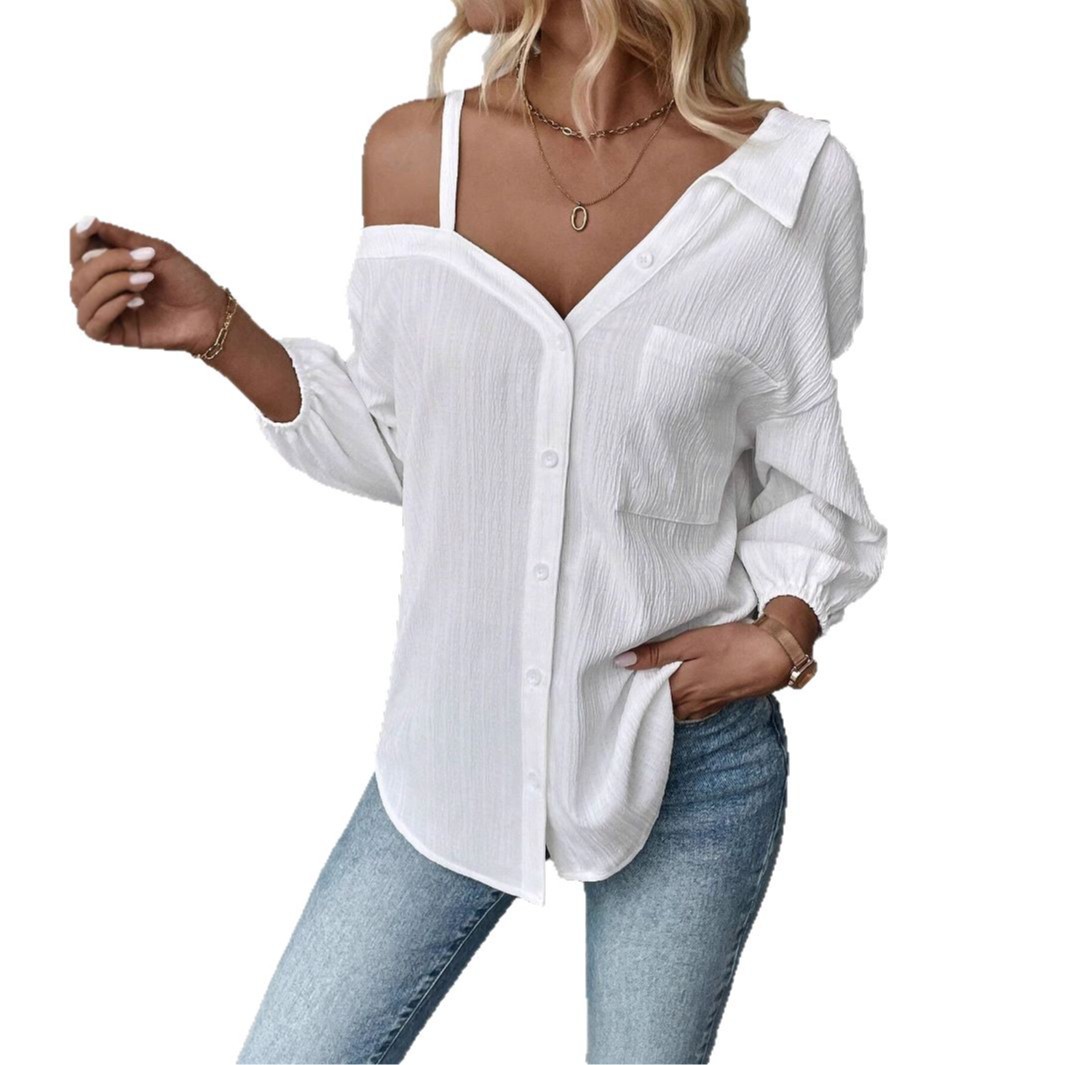 European And American Style Lapel Three-quarter Sleeve Off-shoulder Cardigan Texture Single-breasted Shirt