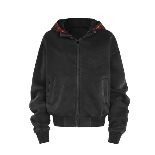 Heavy Washed Old Autumn And Winter American Fake Two piece Plaid Hooded Zipper Sweatshirt Black - Shop at LoveMi