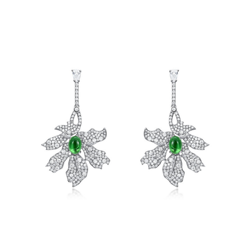 Green Leaf Earrings S925 Silver Full Inlaid White Zirconium Long Earrings