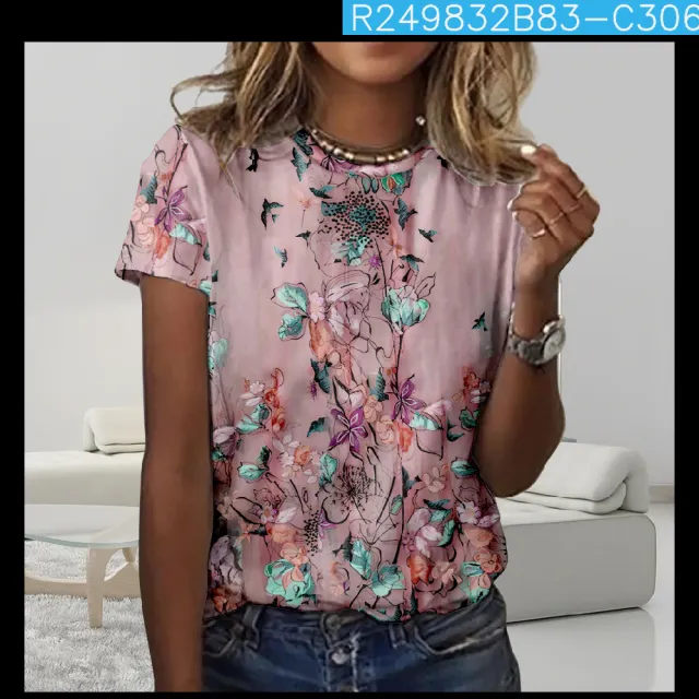 Digital Printing Loose Casual Women's Round Neck T shirt White - Shop at LoveMi