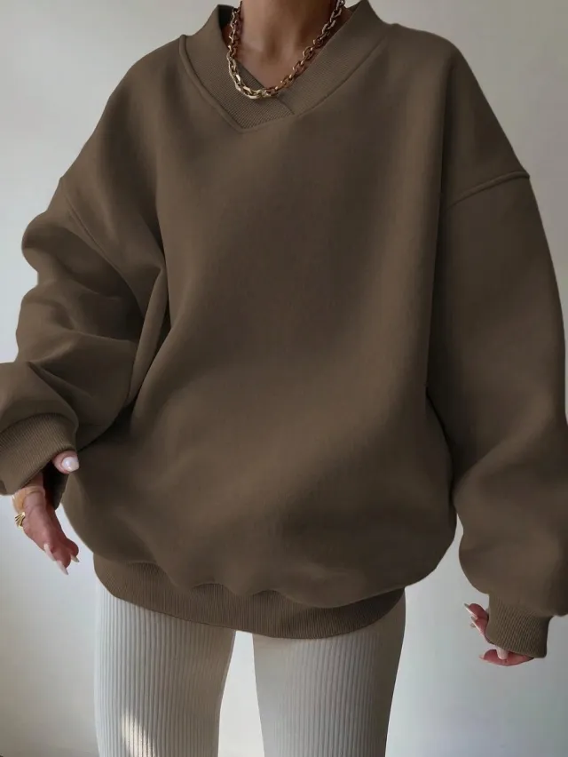 Women's Casual Solid Color Long Sleeve Crew Neck Sweater Brown - Shop at LoveMi